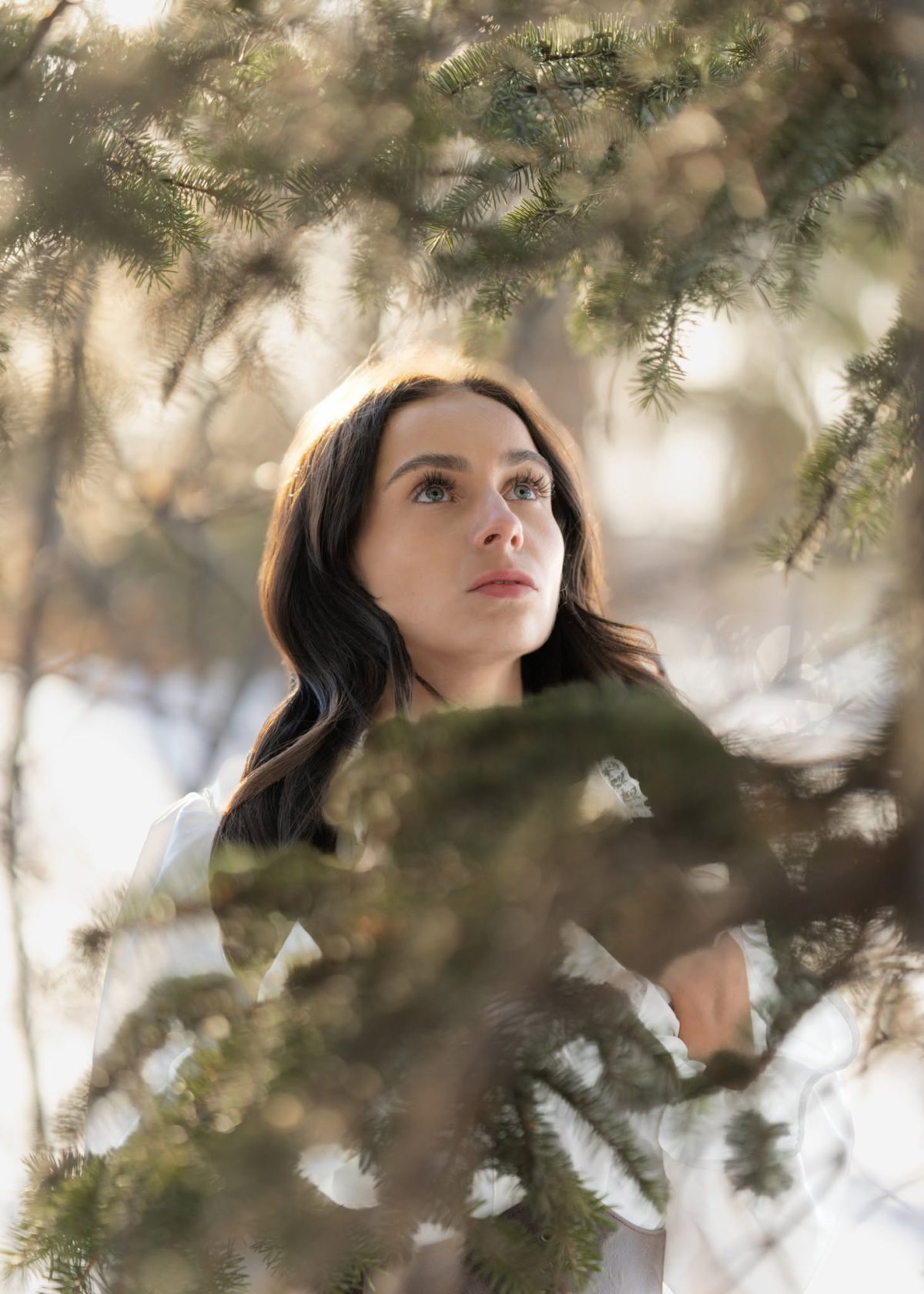 Portrait among pine branches in soft winter light